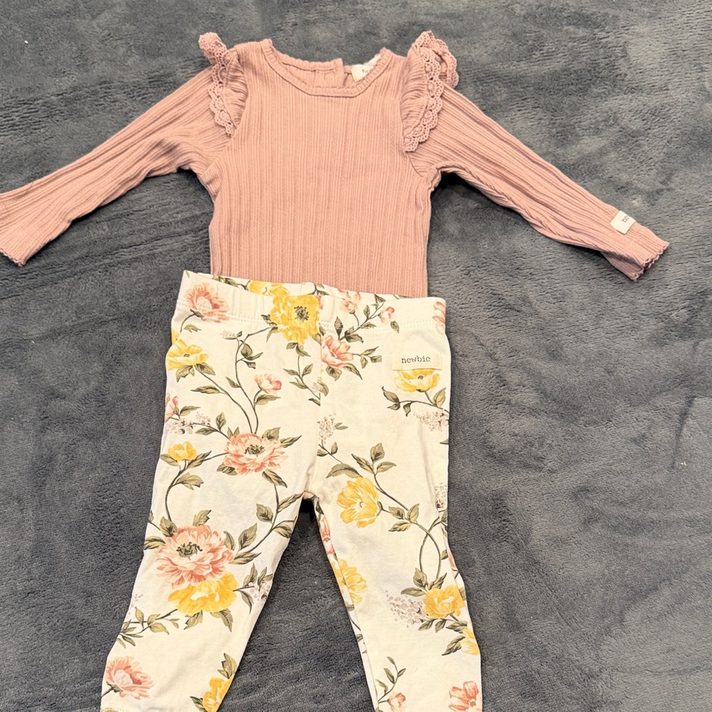 Pink Ruffled Top and Floral Pants Set